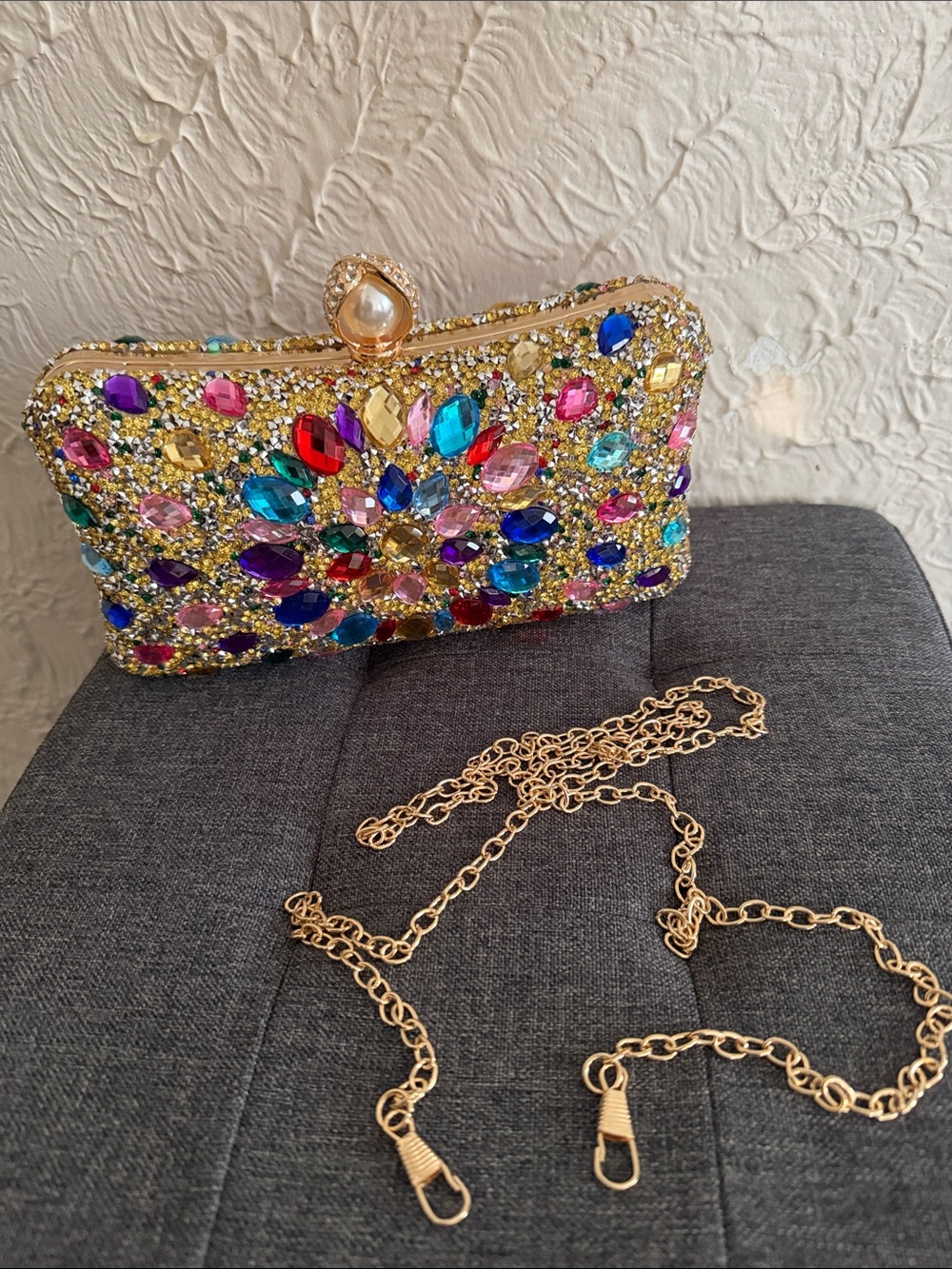 Gold Jeweled Multicolor Crystal Evening Clutch (brand new)